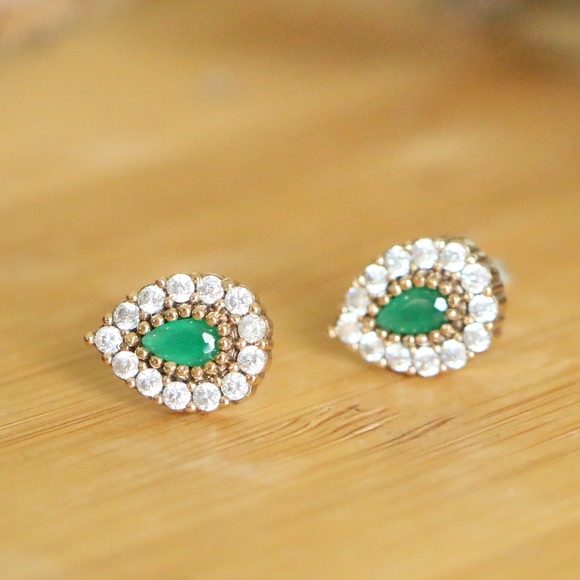 Sterling Silver Green jade & White CZ Stoness - Picture 2 of 8